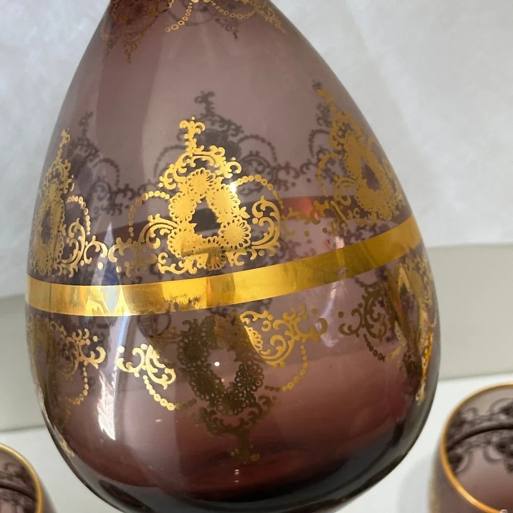 Venezia Amethyst Glass Decanter Set Gold Painted 7pc Vintage 2005 The Mosher's